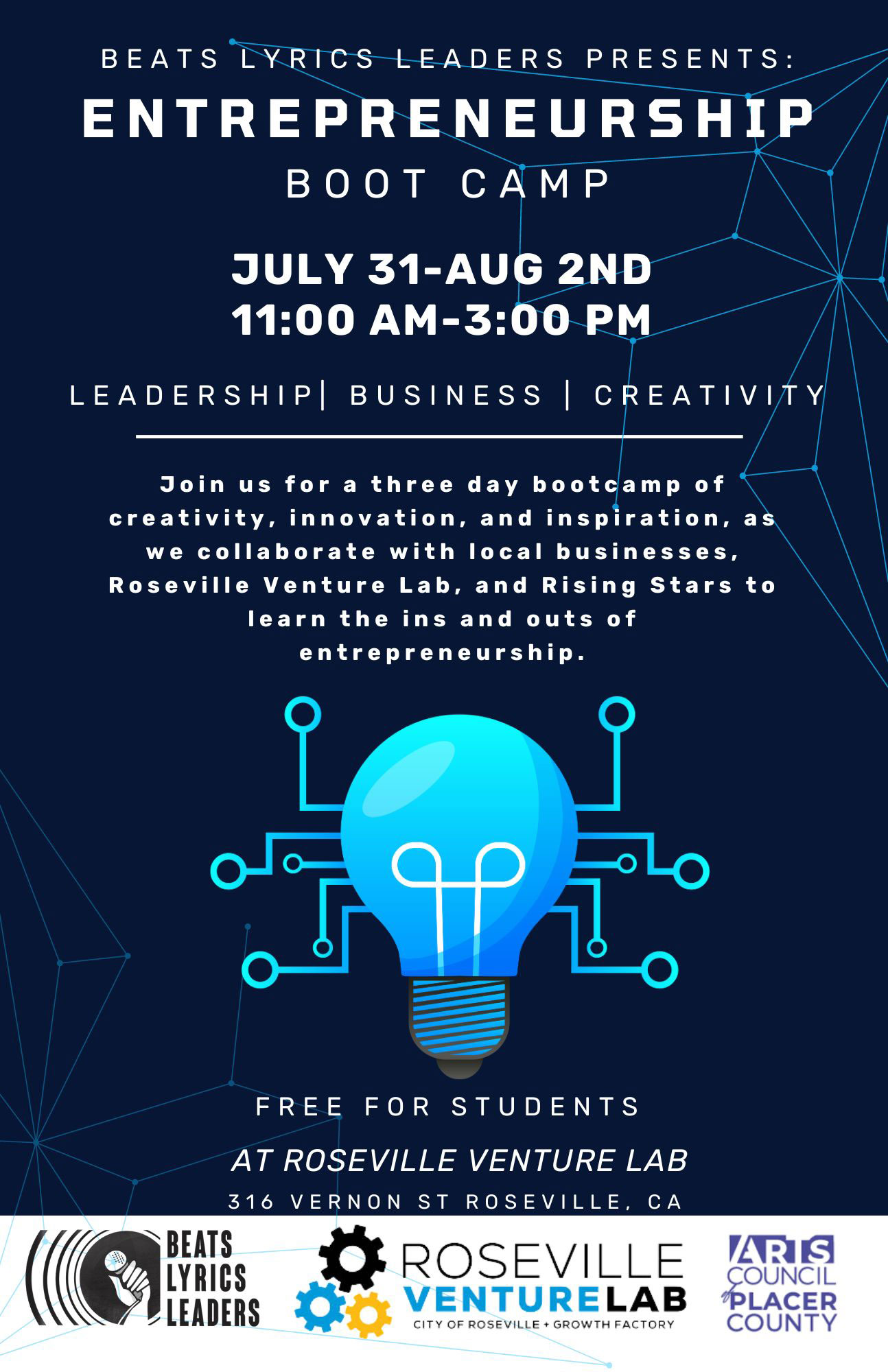 Beats Lyrics Leaders presents: Entrepreneurship Boot Camp, July 31 - August 2 from 11 a.m. - 3 p.m Leadership, Business, Creativity