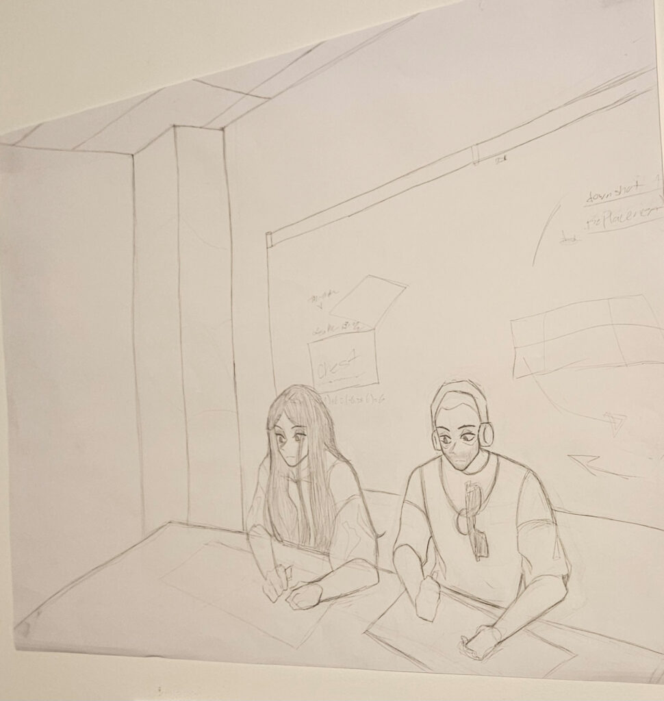 Black and white pencil sketch of female with long hair seat next to a male with head set both ready to draw but nothing is on their pages. Created by Rachel- Recipient of a Nellie Leaman Taft Foundation.